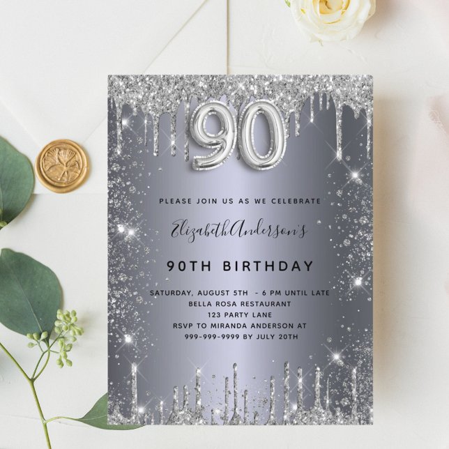90:e födelsedag silver metall glitter stoftglam inbjudan vykort (Skapare uppladdad)