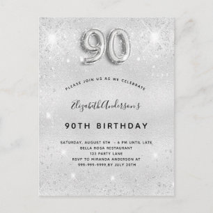 90:e födelsedag silver metall glitter stoftglam inbjudan vykort