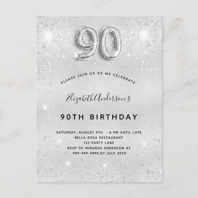 90:e födelsedag silver metall glitter stoftglam inbjudan vykort (Framsida)