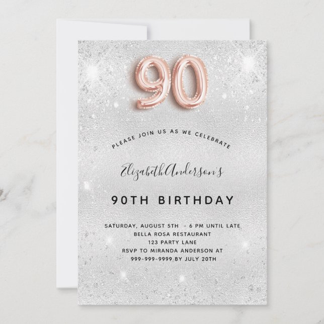 90:e födelsedag silver ro guld glitter inbjudningar (Framsida)