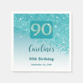 90:e födelsedag Söt Teal Blue Glitter Napkins Pappersservett