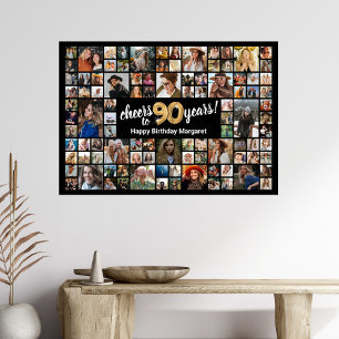 90:e födelsedag, svart Guld 100, fotokollage Poster