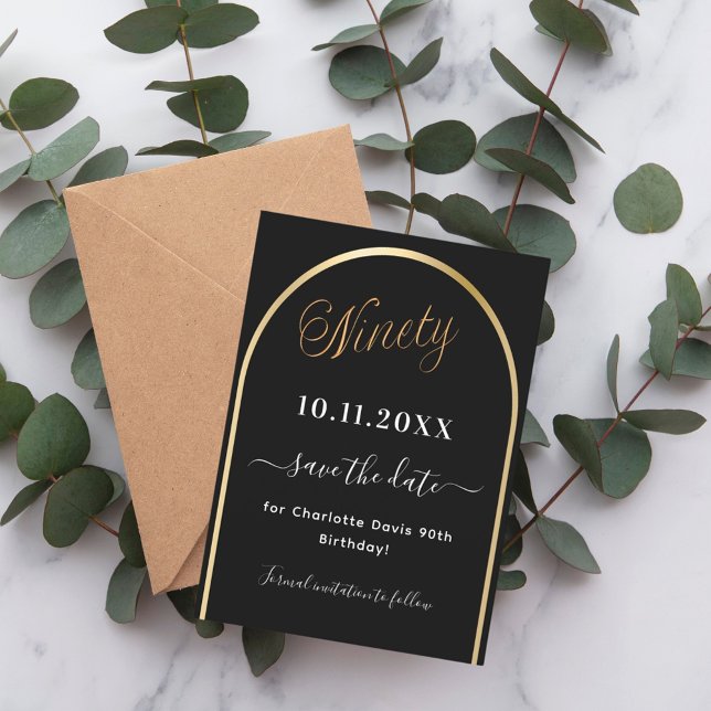 90:e födelsedag svart guld arch spara datumet (Skapare uppladdad)