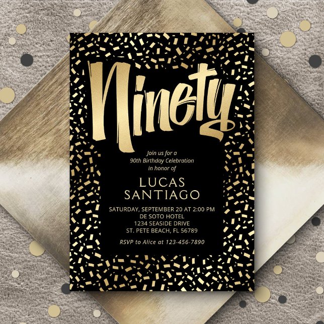 90:e födelsedag, svart Guld-konfetti Inbjudningar (Skapare uppladdad)