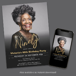 90:e födelsedag, svart Guld, minimalt modernt foto Inbjudningar