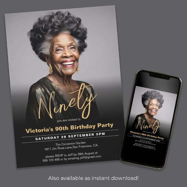 90:e födelsedag, svart Guld, minimalt modernt foto Inbjudningar (90th Birthday Black Gold Minimal Modern Photo Invitation)