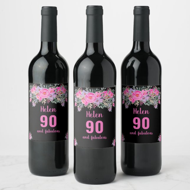 90:e födelsedag, svart rosa blommigt vinflaska etikett (Flaskor)
