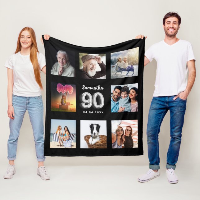 90:e födelsedag svart silver fotocollage namn fleecefilt (På plats)