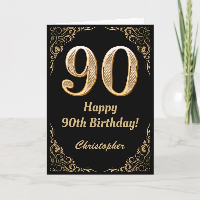 90:e födelsedag Svarta och Guld Glitter Ram Kort (Framsida)