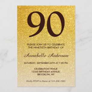 90:e födelsedag Svarte Guld Glitter Gnistra om Inbjudningar