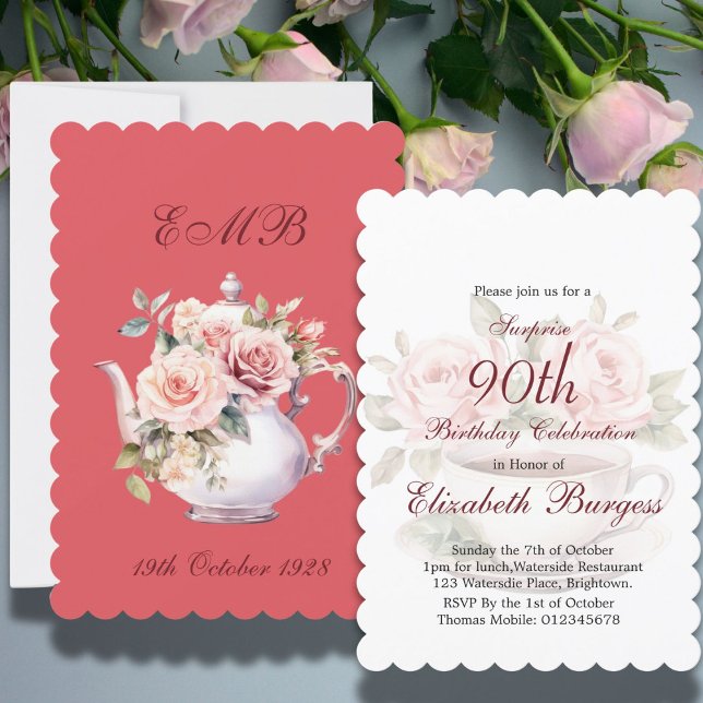 90:e födelsedag Tea Party Rosa Blommigt Ro födelse Inbjudningar (Skapare uppladdad)