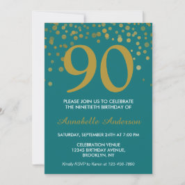 90:e födelsedag Teal Guld Gnistra Konfetti Elegant Inbjudningar