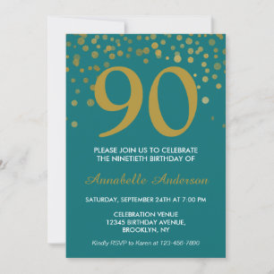 90:e födelsedag Teal Guld Gnistra Konfetti Elegant Inbjudningar