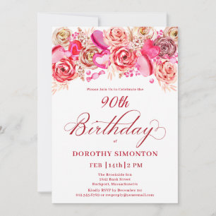 90:e födelsedag Valentine Rosa ros Swirly Heart Inbjudningar