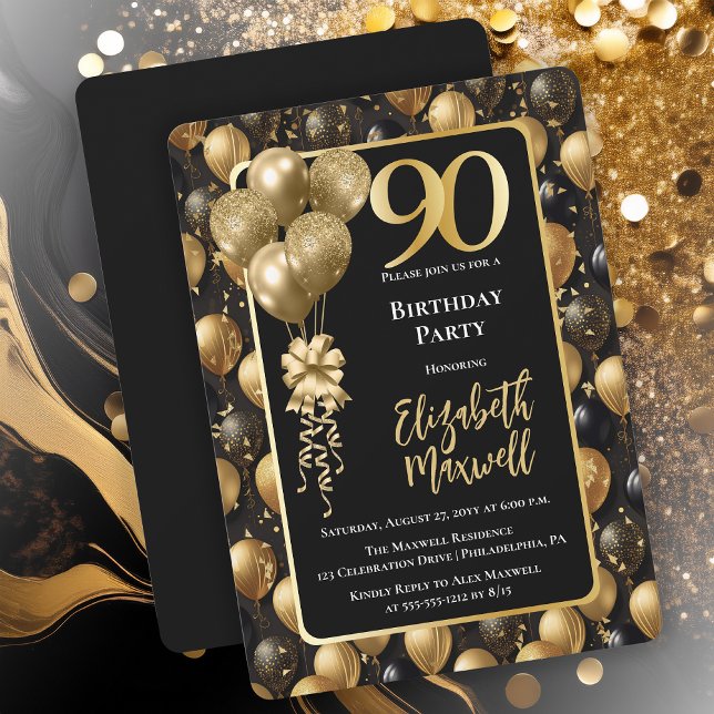 90:e födelsedag vid elegant Black Guld Glitter Inbjudningar (Elegant Black Gold-Tone Faux Glitter Balloons Pattern 90th Birthday Party Invitation 
Print Digital)