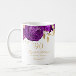 90:e födelsedag vid lila Guld Blommigt Ro Kaffemugg