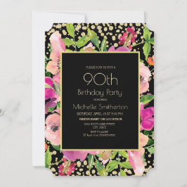 90:e födelsedag vid rosa Blommigt Svarta Guld Glit Kort