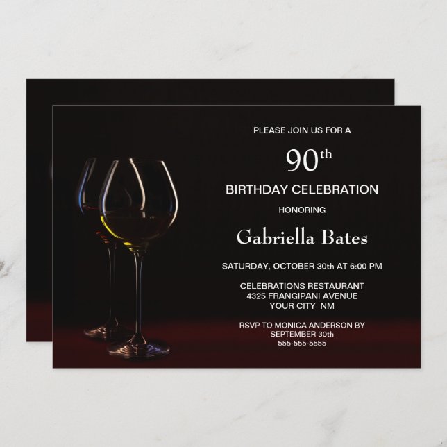 90:e födelsedag Vin Glass Party Inbjudningar (Fram/baksida)
