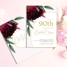 90:E födelsedagen Blommigt Guld Viten Elegant Inbjudningar