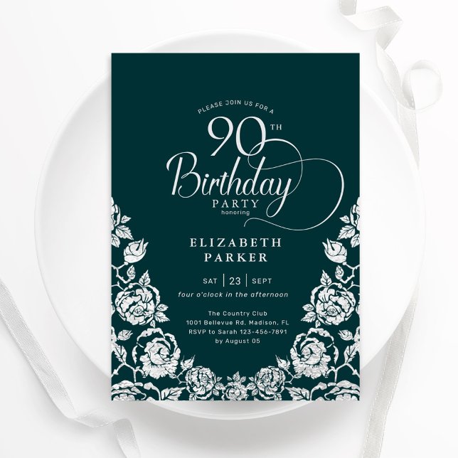 90:e födelsedagen Emerald Grönt Silver Ro Inbjudningar (Skapare uppladdad)