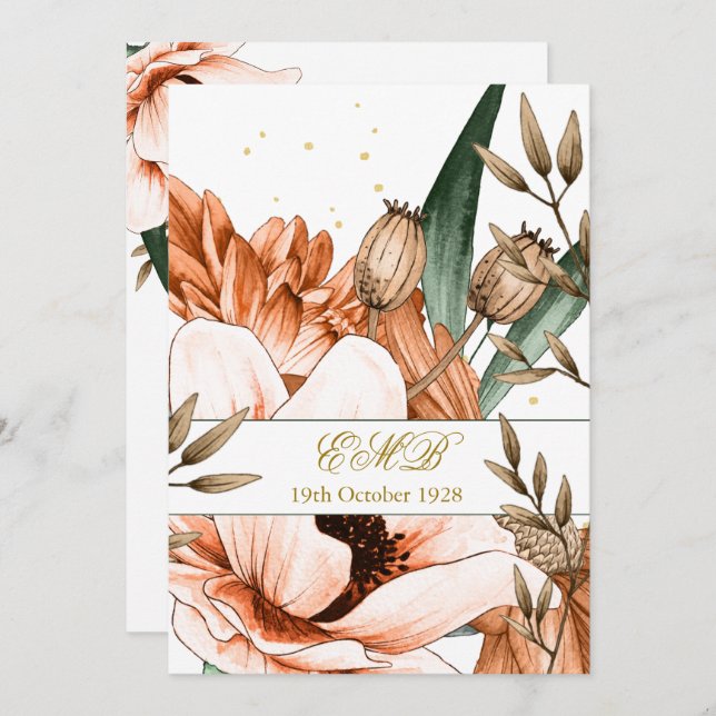 90:e födelsedagen Guld Terracotta Orang Blommigt E Inbjudningar (Fram/baksida)