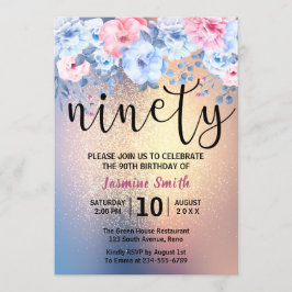 90:e födelsedagen i den moderna Blommigten Guld Gl Inbjudningar