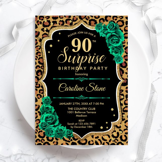 90:e födelsedagen - Leopard Black Guld Rosa Inbjudningar (Skapare uppladdad)