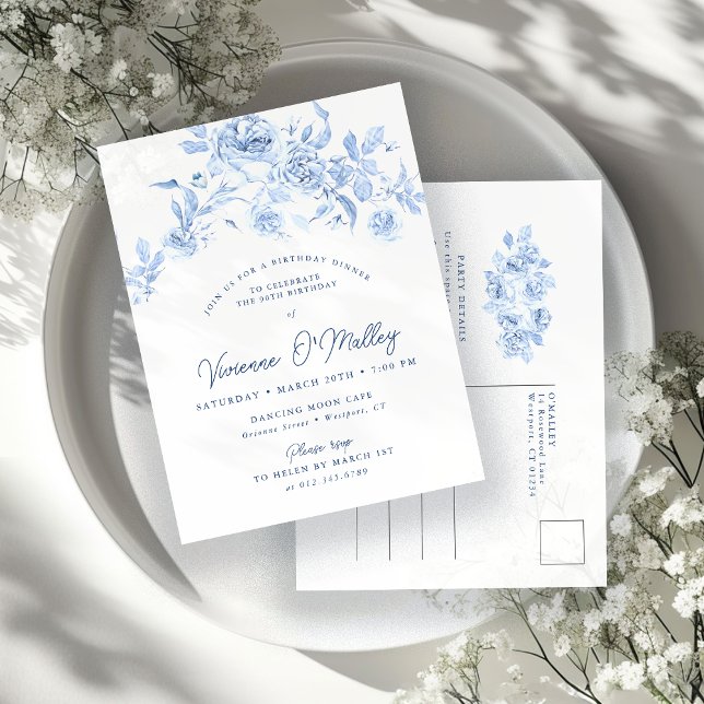 90:e födelsedagen Party Blue Blommigt Inbjudan Vykort (Skapare uppladdad)