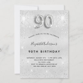 90:e födelsedagen silver glitter inbjudningar