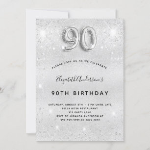 90:e födelsedagen silver glitter inbjudningar