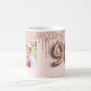 90:e födelsedagfoto ro guld glitter rosa ballong kaffemugg