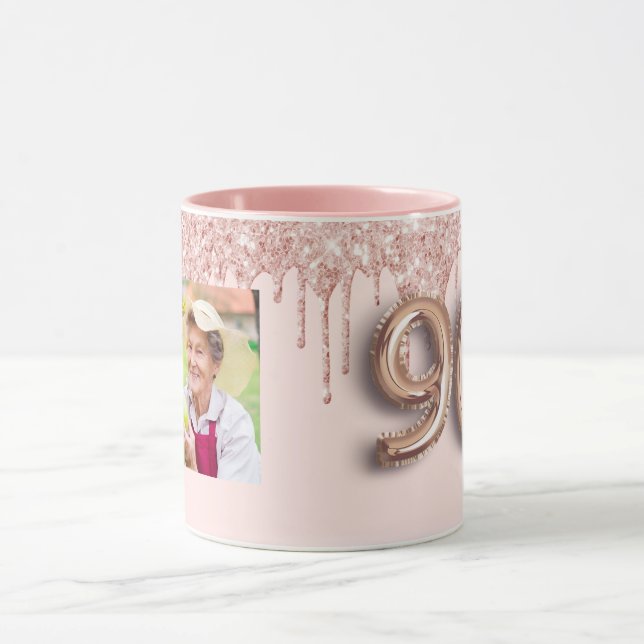 90:e födelsedagfoto  rosa ros guld glitter mugg (Center)