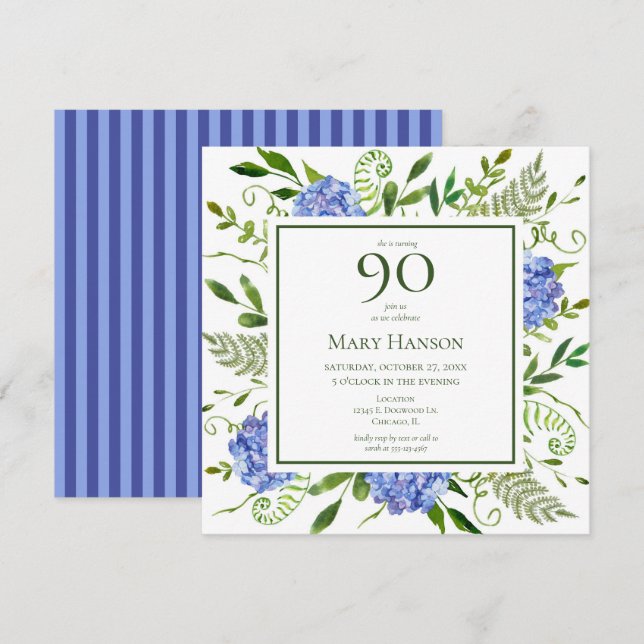 90:e födelsedagsblå Hydrangeas Inbjudningar (Fram/baksida)