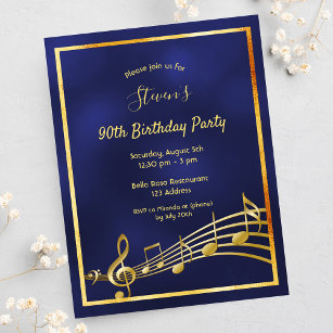 90:e födelsedagsblått guld musik noter inbjudan