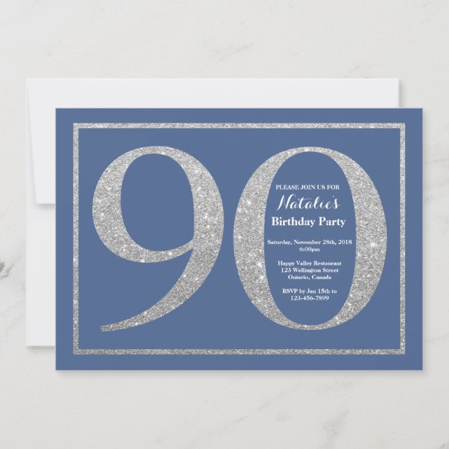 90:e födelsedagsblått och Silver Glitter Inbjudningar (Framsida)