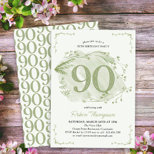 90:e födelsedagsdag Grönt Daety Wildblomma Number Inbjudningar