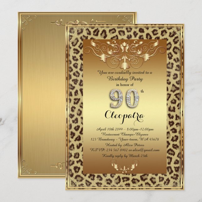 90:e, Födelsedagsfest 90:e, Royal Cheetah guld plu Inbjudningar (Fram/baksida)