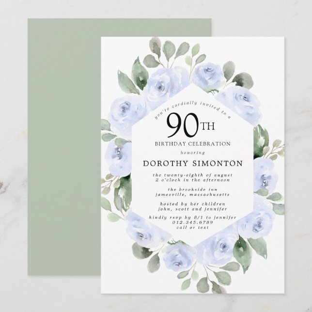 90:e Födelsedagsfest av blå Blommigt Eukalyptus Inbjudningar (Fram/baksida)