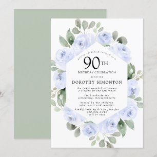 90:e Födelsedagsfest av blå Blommigt Eukalyptus Inbjudningar