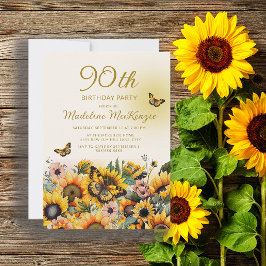 90:e Födelsedagsfest av solblommor, fjärilar Inbjudningar