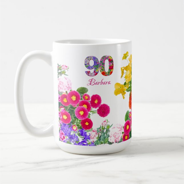 90:e Födelsedagsfest - Blommigt Bouquet 90 år Kaffemugg (Vänster)