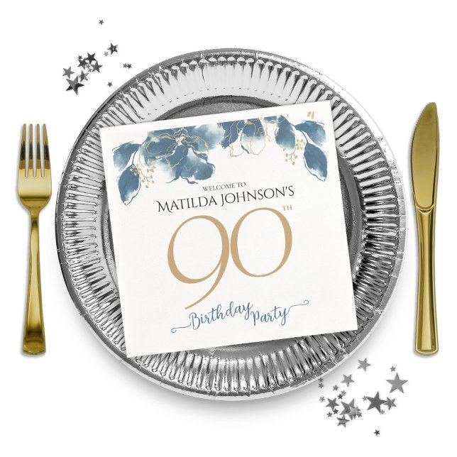 90:e Födelsedagsfest för Anpassningsbar av elegant Pappersservett (Elegant Floral Custom 90th Birthday Party Napkins)