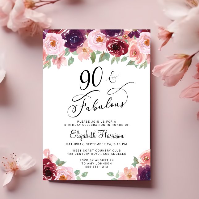 90:e Födelsedagsfest för Blommigt av elegant Inbjudningar (90 & Fabulous: Toast to a Life Well Celebrated!)