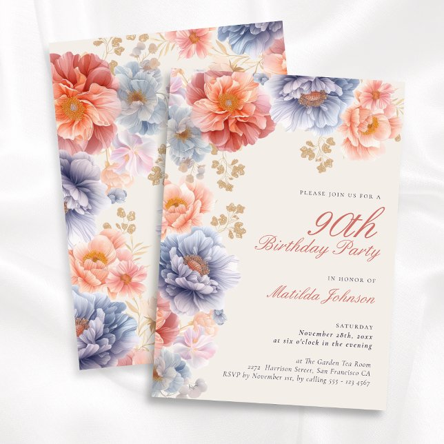 90:e Födelsedagsfest för Blommigt av elegant Inbjudningar (Elegant Floral 90th Birthday Party Invitation)