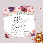 90:e Födelsedagsfest för Blommigt av elegant Underlägg Papper Kvadrat<br><div class="desc">Eleganten underlägg för sin 90:e födelsedagsfest med "90 & Fabulous" i ett kalligrafiskt skript för chic och vattenfärgade buketter av burgundröd och  rosa blommigt med sage grey.</div>