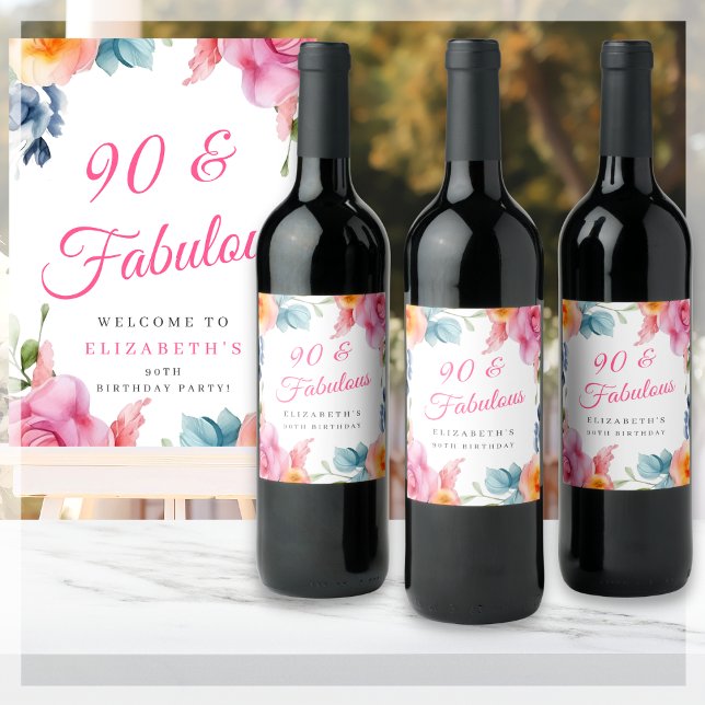 90:e Födelsedagsfest för Blommigt av elegant Vinflaska Etikett (Skapare uppladdad)
