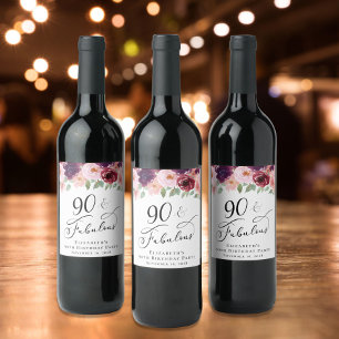 90:e Födelsedagsfest för Blommigt av elegant Vinflaska Etikett