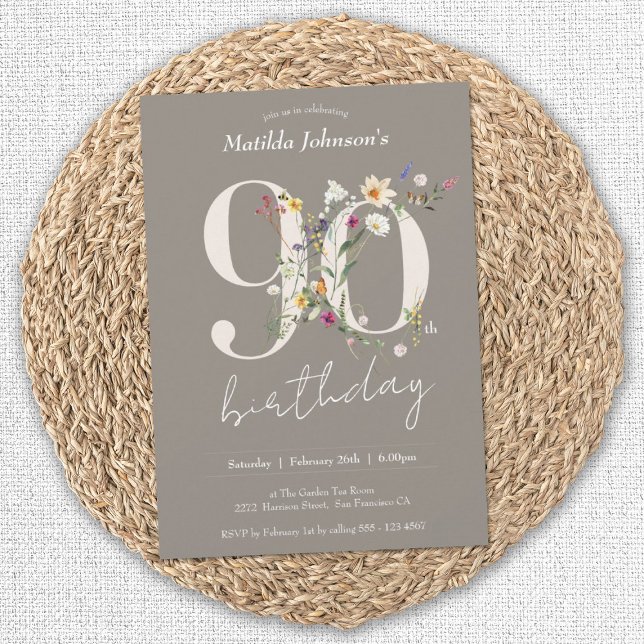 90:e Födelsedagsfest för Blommigt av Eleganten Wil Inbjudningar (90th Birthday Wildflowers Elegant Floral Invitation)