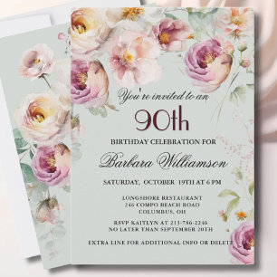 90:e Födelsedagsfest för Blommigt med elegant Inbjudningar