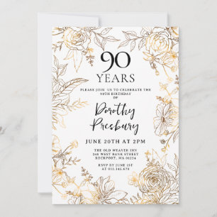 90:e Födelsedagsfest för Blommigten Guld Vita Inbjudningar